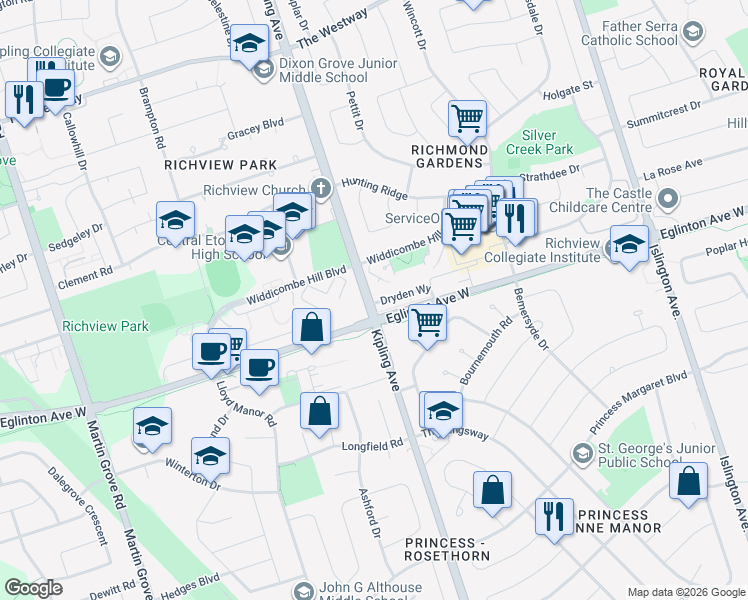 map of restaurants, bars, coffee shops, grocery stores, and more near 74 Dryden Way in Toronto