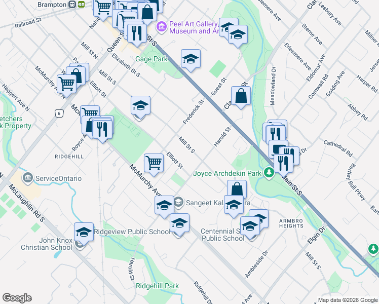 map of restaurants, bars, coffee shops, grocery stores, and more near 123 Mill Street South in Brampton