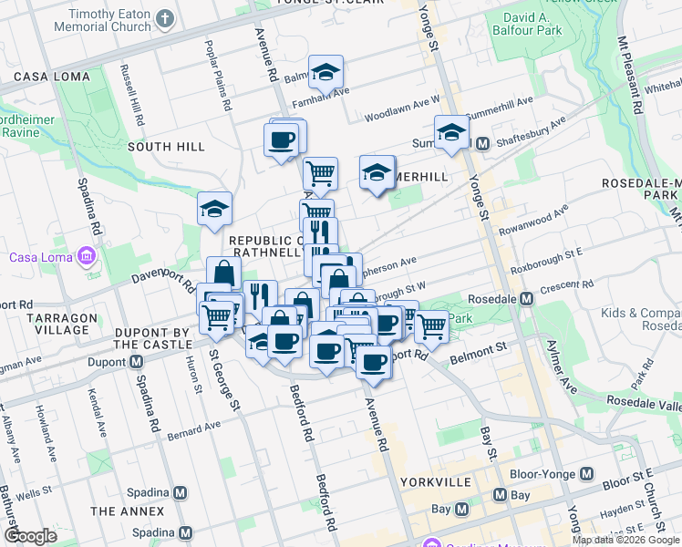 map of restaurants, bars, coffee shops, grocery stores, and more near 262 Avenue Road in Toronto