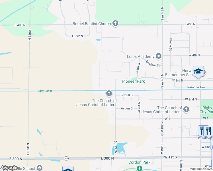 map of restaurants, bars, coffee shops, grocery stores, and more near 596 Caribou Street in Rigby
