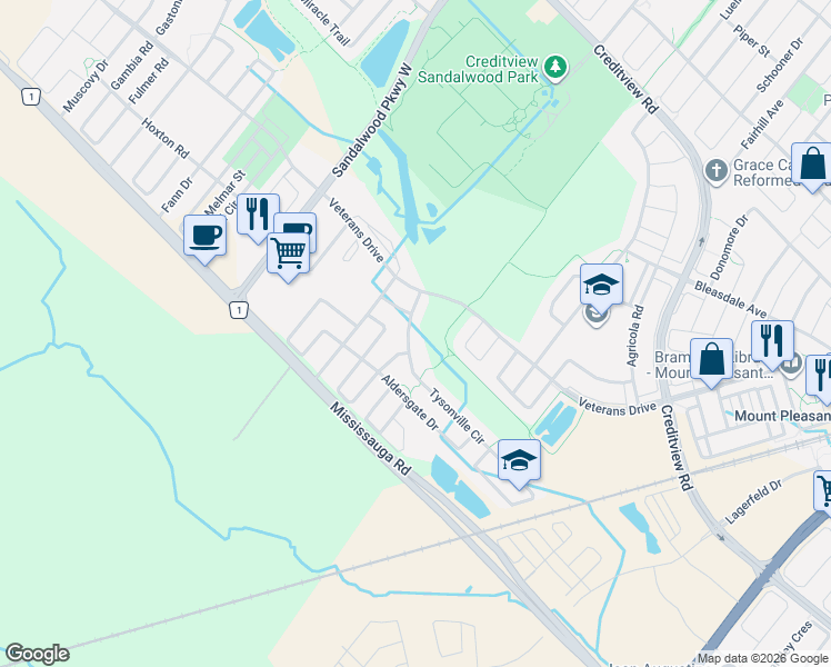 map of restaurants, bars, coffee shops, grocery stores, and more near 20 Tysonville Circle in Brampton