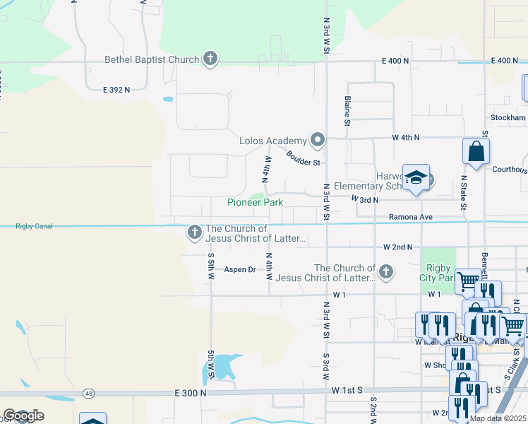 map of restaurants, bars, coffee shops, grocery stores, and more near 497 West 3rd North in Rigby