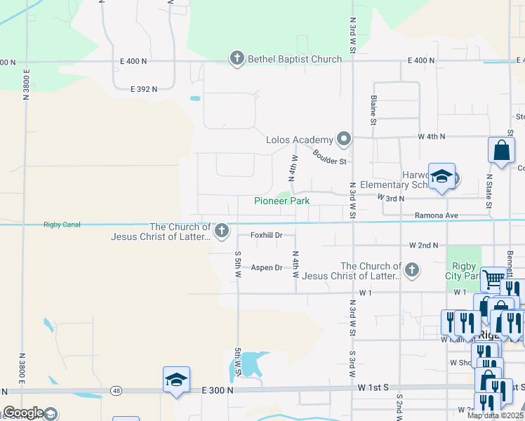 map of restaurants, bars, coffee shops, grocery stores, and more near 552 Caribou Street in Rigby