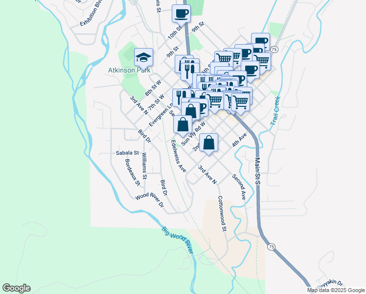 map of restaurants, bars, coffee shops, grocery stores, and more near 193-289 Sun Valley Road West in Ketchum