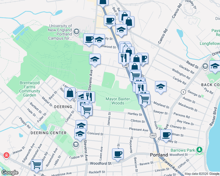 map of restaurants, bars, coffee shops, grocery stores, and more near 605 Stevens Avenue in Portland