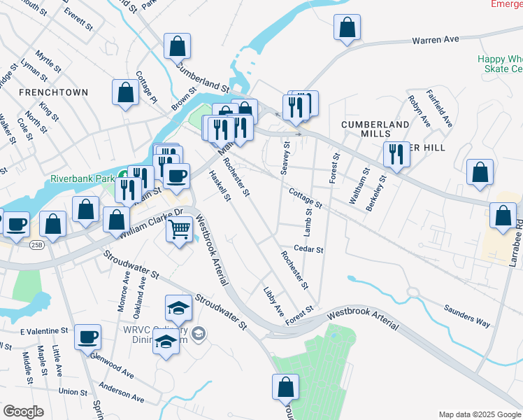 map of restaurants, bars, coffee shops, grocery stores, and more near 60 Rochester Street in Westbrook
