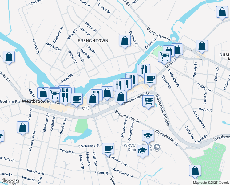 map of restaurants, bars, coffee shops, grocery stores, and more near 34 Dunn Street in Westbrook