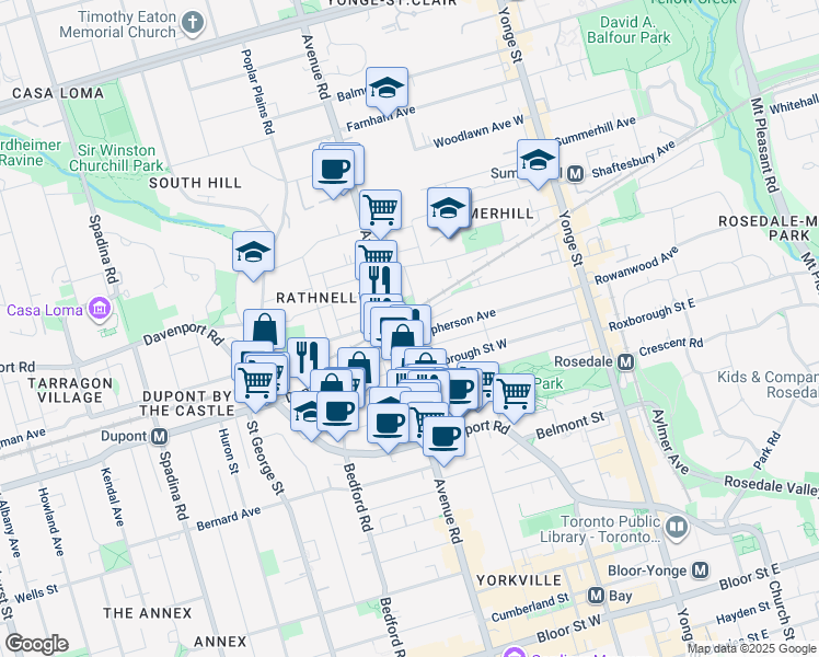 map of restaurants, bars, coffee shops, grocery stores, and more near in Toronto