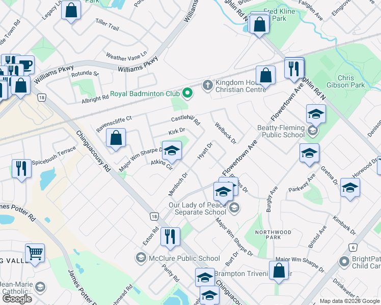 map of restaurants, bars, coffee shops, grocery stores, and more near 83 Castlehill Road in Brampton