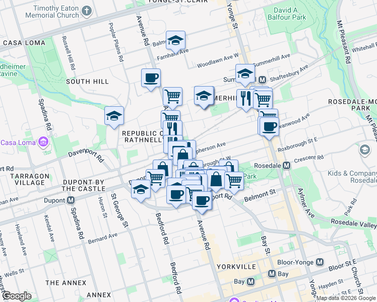 map of restaurants, bars, coffee shops, grocery stores, and more near 198 Macpherson Avenue in Toronto