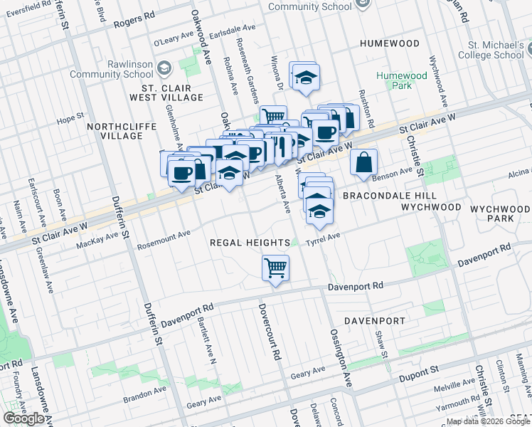 map of restaurants, bars, coffee shops, grocery stores, and more near 27 Rosemount Avenue in Toronto
