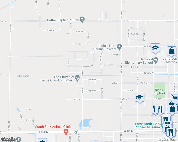 map of restaurants, bars, coffee shops, grocery stores, and more near 576 Caribou Street in Rigby