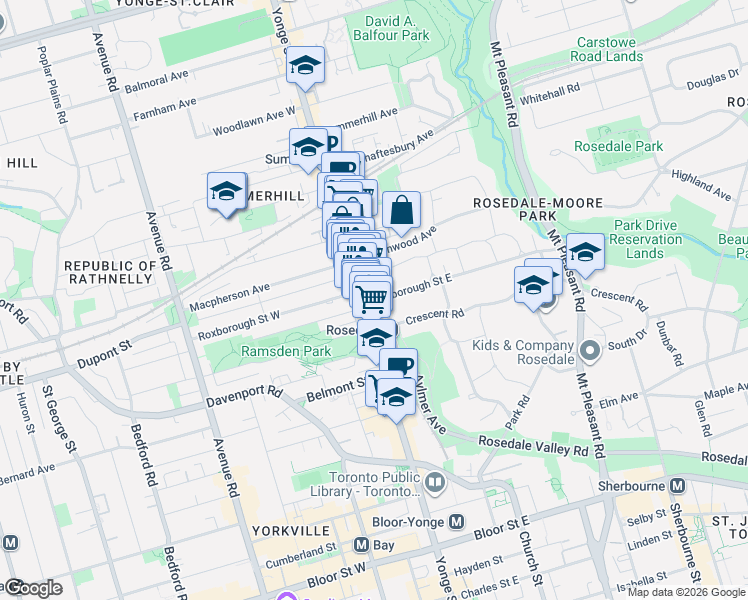 map of restaurants, bars, coffee shops, grocery stores, and more near 1 Roxborough Street West in Toronto