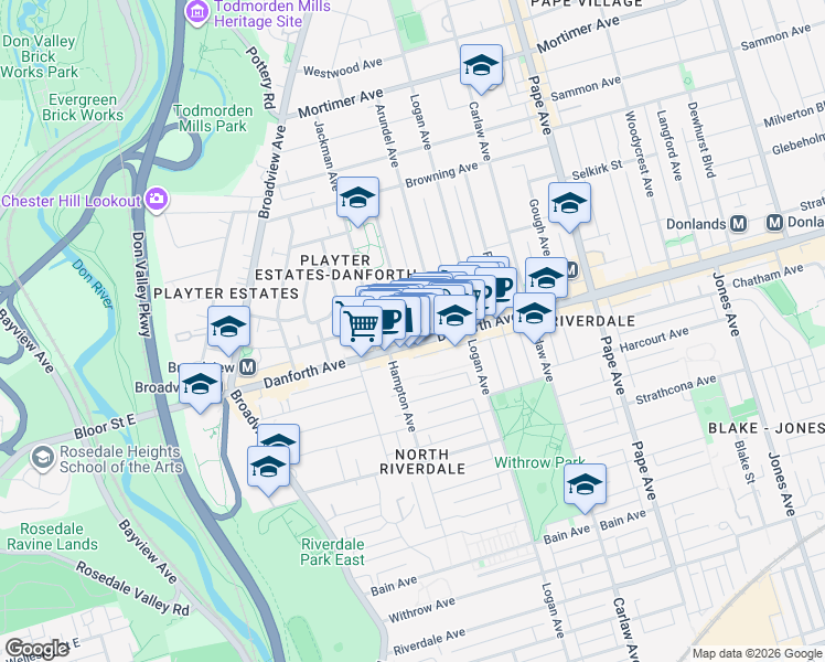 map of restaurants, bars, coffee shops, grocery stores, and more near 3A Chester Avenue in Toronto