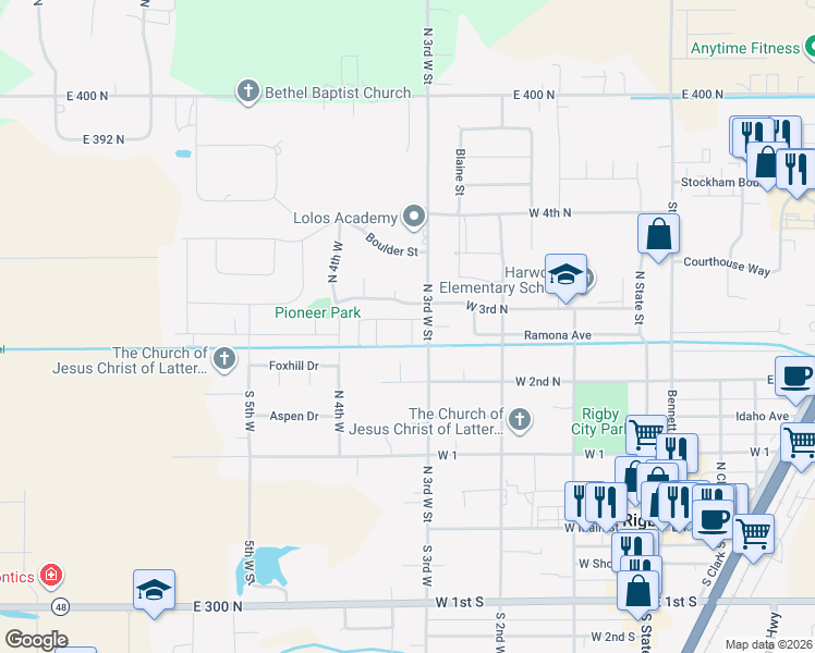 map of restaurants, bars, coffee shops, grocery stores, and more near 405 West 3rd North in Rigby