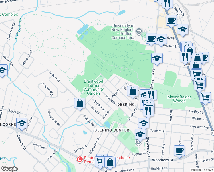 map of restaurants, bars, coffee shops, grocery stores, and more near 155 Brentwood Street in Portland
