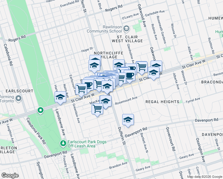 map of restaurants, bars, coffee shops, grocery stores, and more near 1161 Saint Clair Avenue West in Toronto