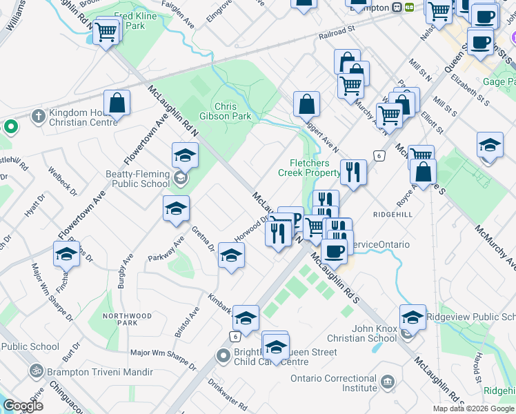 map of restaurants, bars, coffee shops, grocery stores, and more near 4 Braemore Road in Brampton