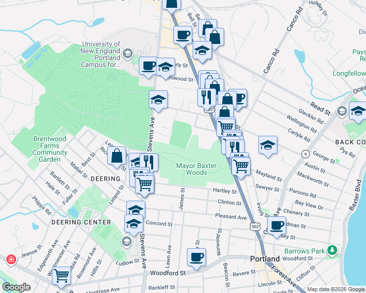 map of restaurants, bars, coffee shops, grocery stores, and more near 605 Stevens Avenue in Portland