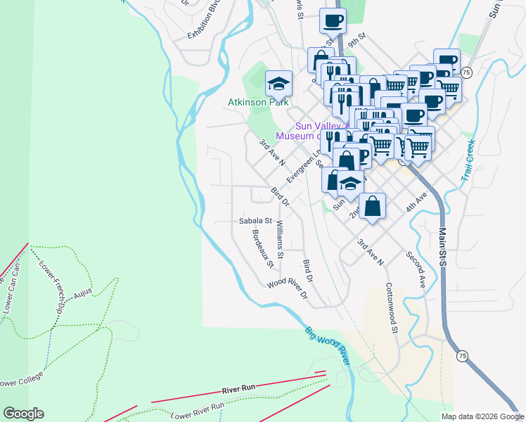 map of restaurants, bars, coffee shops, grocery stores, and more near 400-516 Evergreen Lane in Ketchum