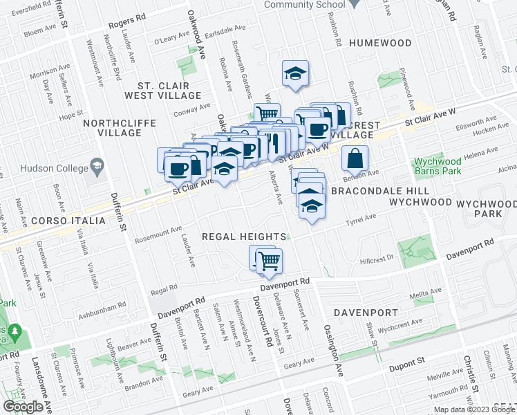 map of restaurants, bars, coffee shops, grocery stores, and more near 27 Rosemount Avenue in Toronto