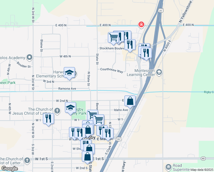 map of restaurants, bars, coffee shops, grocery stores, and more near 175 Dove Avenue in Rigby