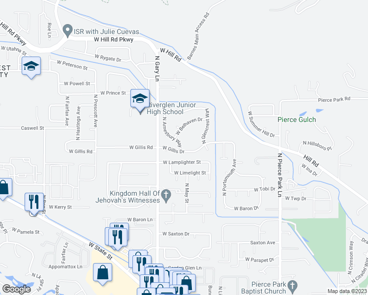 map of restaurants, bars, coffee shops, grocery stores, and more near 6424 North Amesbury Way in Boise