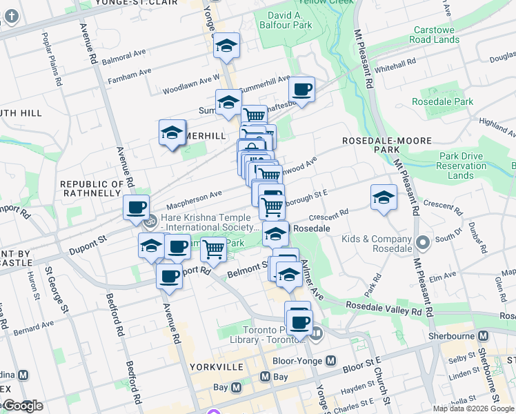 map of restaurants, bars, coffee shops, grocery stores, and more near 1 Roxborough Street West in Toronto