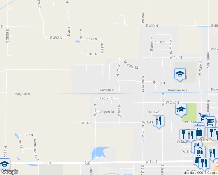 map of restaurants, bars, coffee shops, grocery stores, and more near 552 Caribou Street in Rigby