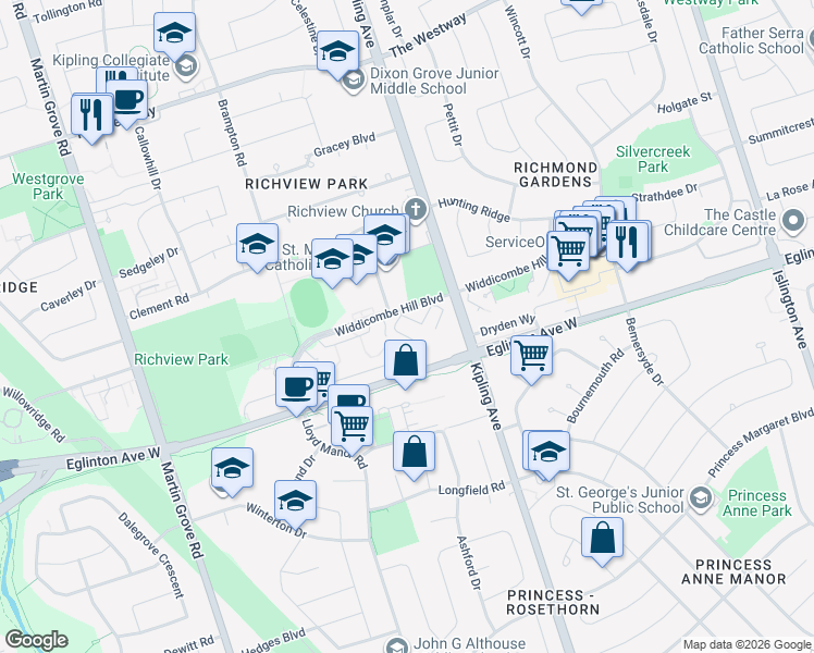map of restaurants, bars, coffee shops, grocery stores, and more near 57 Widdicombe Hill Boulevard in Toronto