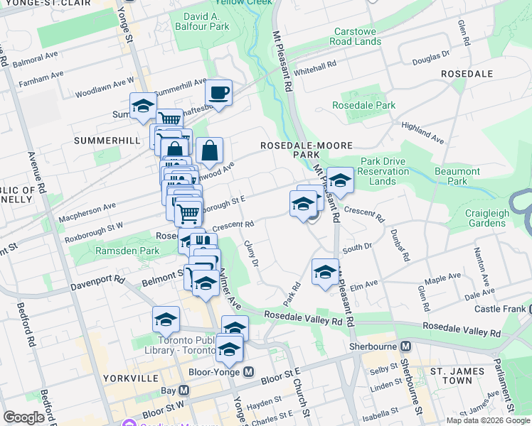 map of restaurants, bars, coffee shops, grocery stores, and more near 78 Crescent Road in Toronto