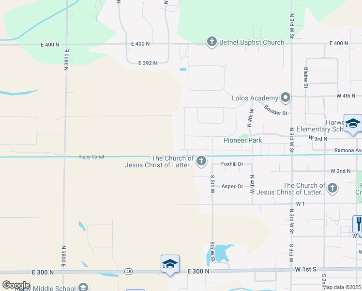map of restaurants, bars, coffee shops, grocery stores, and more near 397 Franklin Street in Rigby