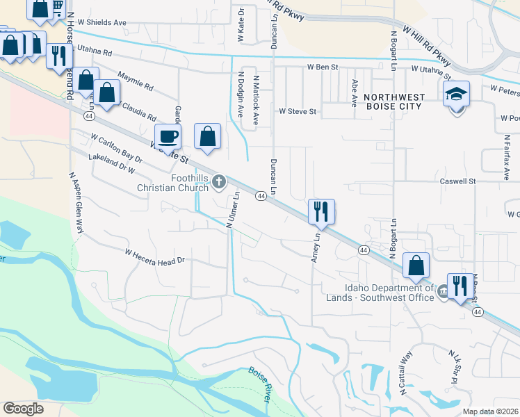 map of restaurants, bars, coffee shops, grocery stores, and more near 9500 West State Street in Boise