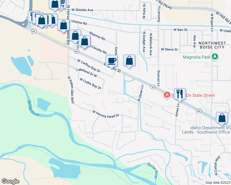 map of restaurants, bars, coffee shops, grocery stores, and more near 9995 West State Street in Boise