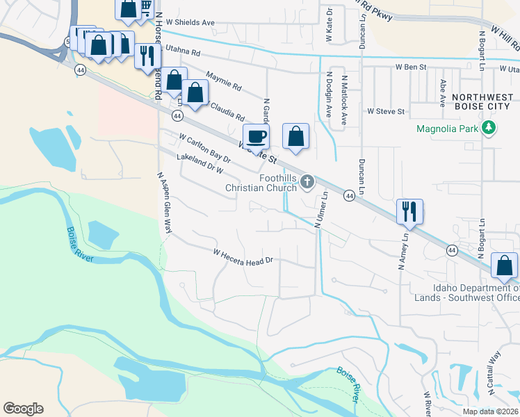 map of restaurants, bars, coffee shops, grocery stores, and more near 10140 West Charlie Lane in Garden City