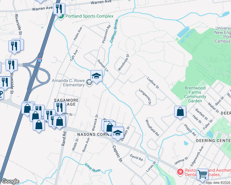 map of restaurants, bars, coffee shops, grocery stores, and more near 65 Candlewyck Terrace in Portland