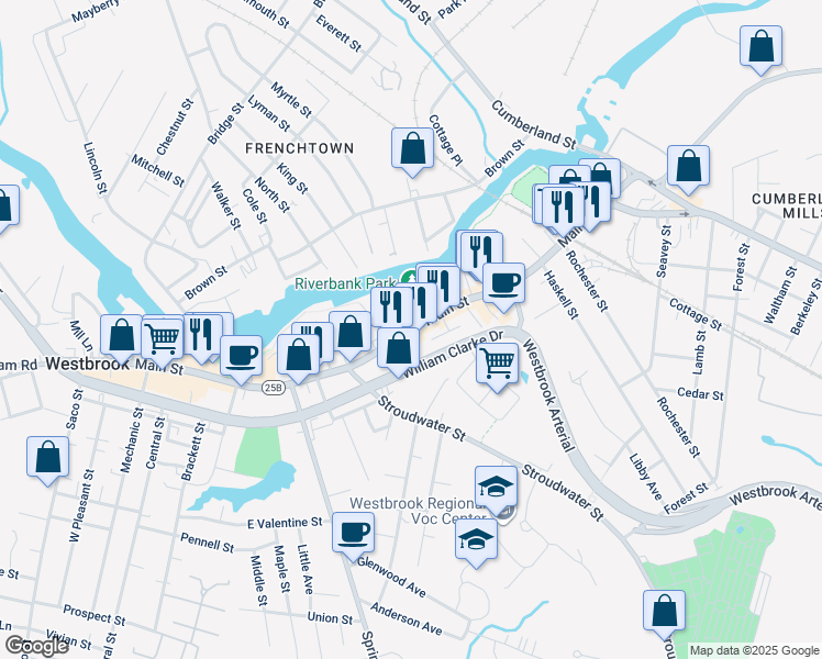 map of restaurants, bars, coffee shops, grocery stores, and more near 677 Main Street in Westbrook