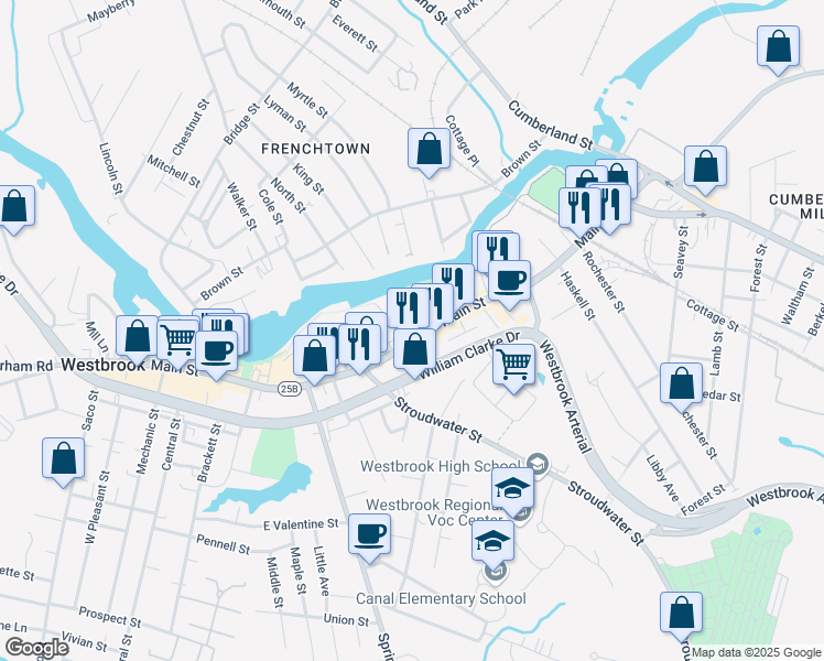 map of restaurants, bars, coffee shops, grocery stores, and more near 677 Main Street in Westbrook