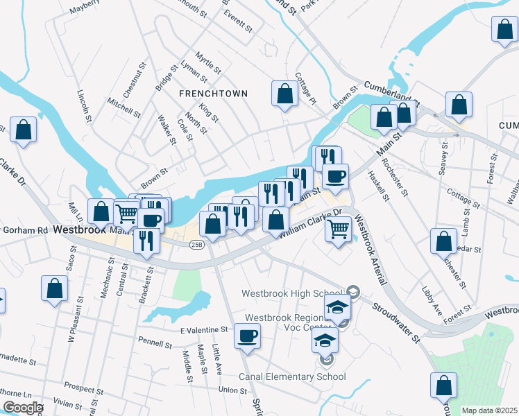 map of restaurants, bars, coffee shops, grocery stores, and more near 34 Dunn Street in Westbrook