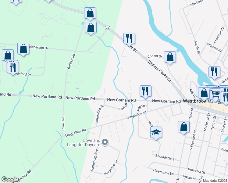 map of restaurants, bars, coffee shops, grocery stores, and more near 223 New Gorham Road in Westbrook