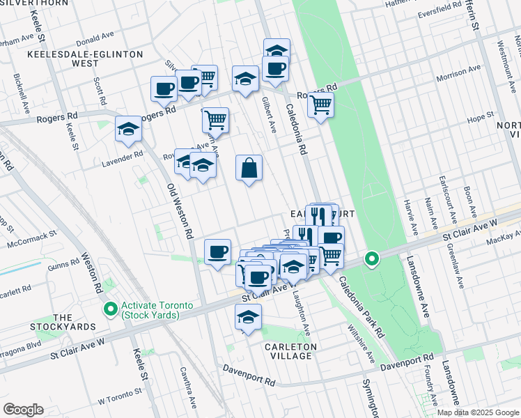map of restaurants, bars, coffee shops, grocery stores, and more near 158 Prescott Avenue in Toronto