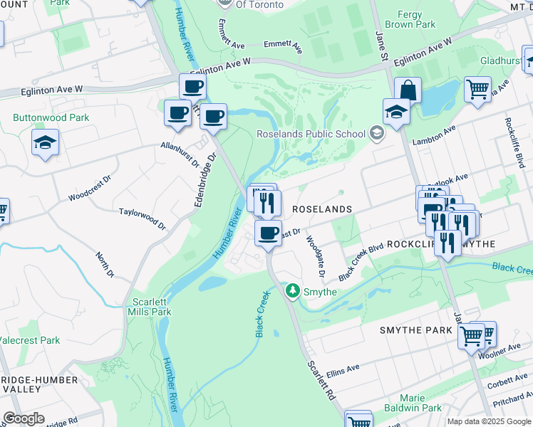 map of restaurants, bars, coffee shops, grocery stores, and more near in Toronto