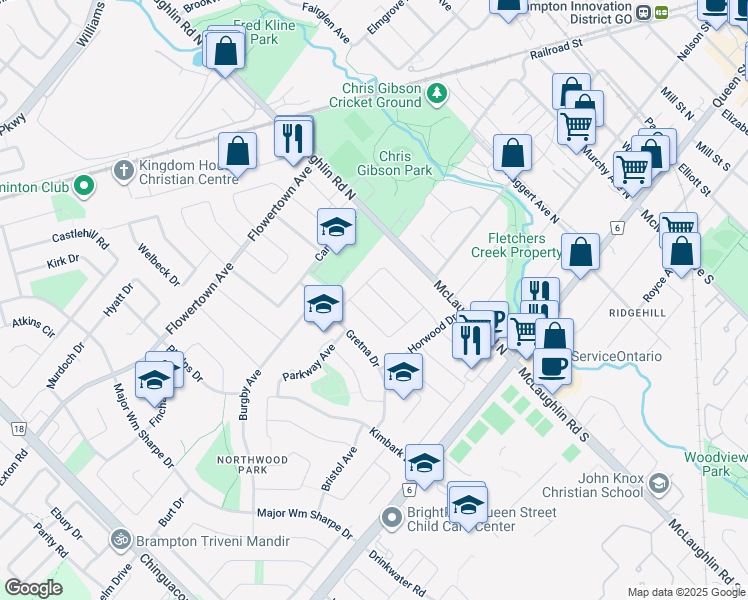 map of restaurants, bars, coffee shops, grocery stores, and more near in Brampton