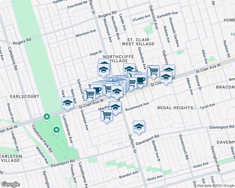 map of restaurants, bars, coffee shops, grocery stores, and more near Dufferin Street & Saint Clair Avenue West in Toronto