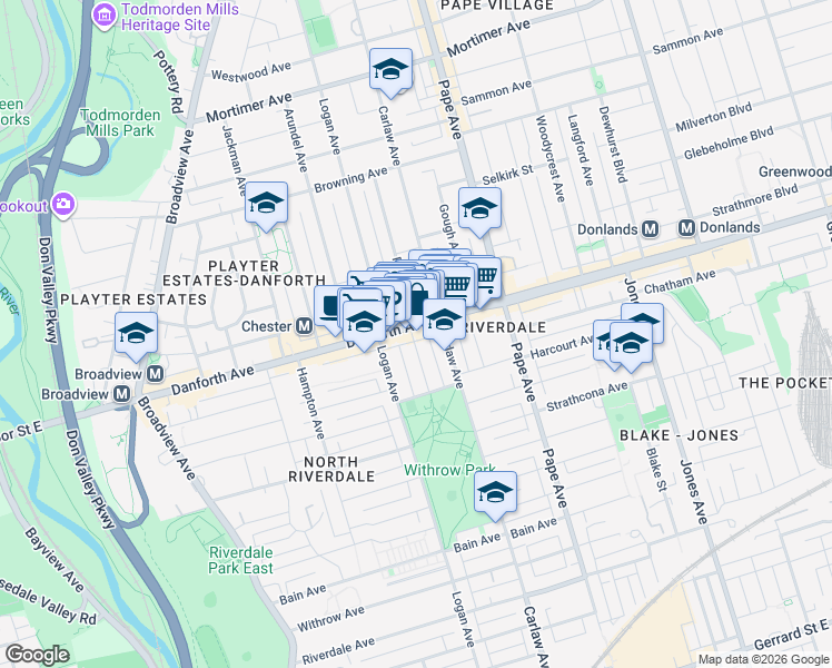 map of restaurants, bars, coffee shops, grocery stores, and more near 521 Danforth Avenue in Toronto