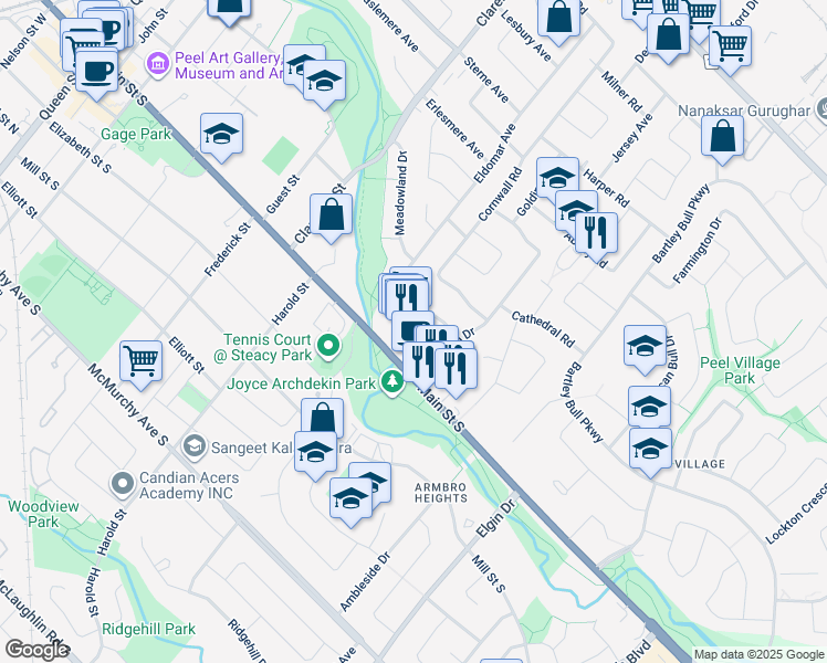 map of restaurants, bars, coffee shops, grocery stores, and more near in Brampton