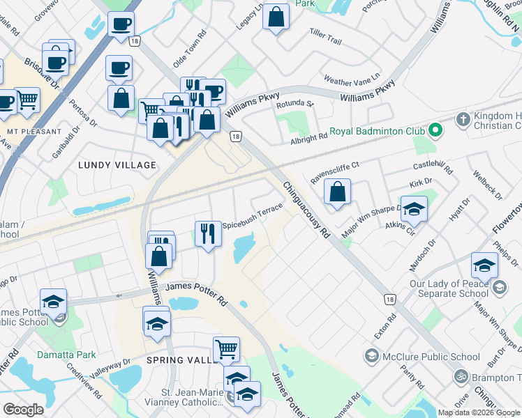 map of restaurants, bars, coffee shops, grocery stores, and more near 31 Spicebush Terrace in Brampton