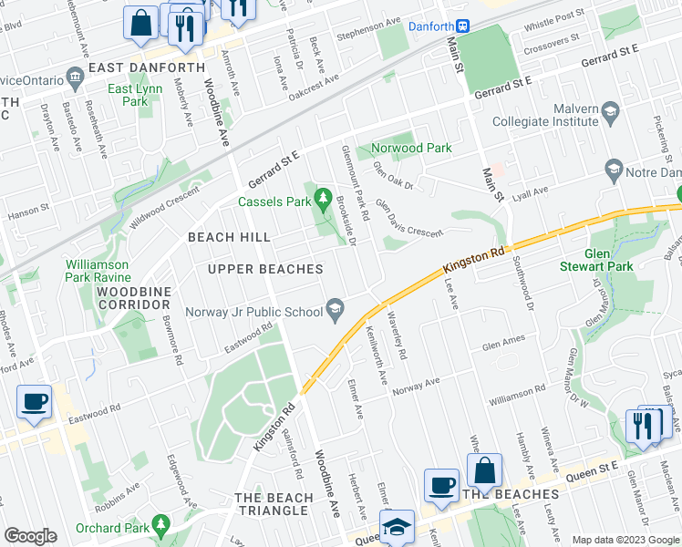 map of restaurants, bars, coffee shops, grocery stores, and more near Firstbrooke Road in Toronto