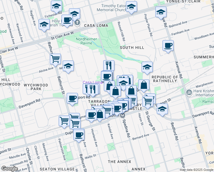 map of restaurants, bars, coffee shops, grocery stores, and more near 1 Austin Terrace in Toronto