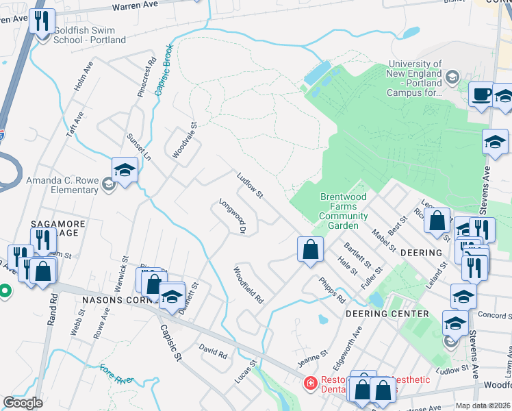 map of restaurants, bars, coffee shops, grocery stores, and more near 373 Ludlow Street in Portland